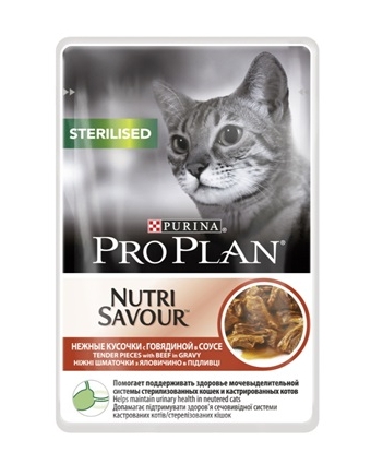 Консервы для взрослых стерилизованных кошек ProPlan Sterilised кусочки в соусе с говядиной, пауч 85 г