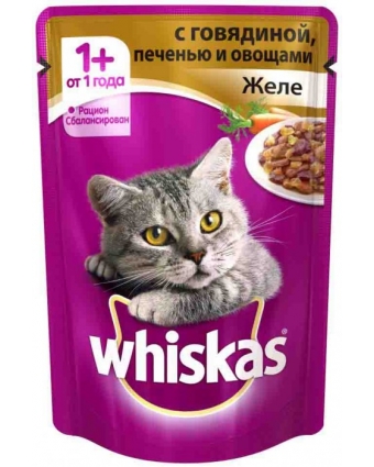 Консервы для кошек Whiskas (Вискас) Желе Говядина/Печень/овощи 85г