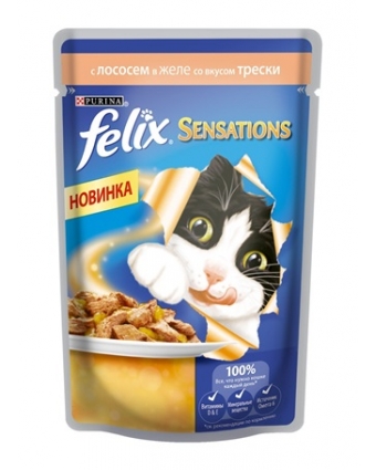 Консервы для кошек Felix (Феликс) Sensations с лососем в желе со вкусом трески 85г