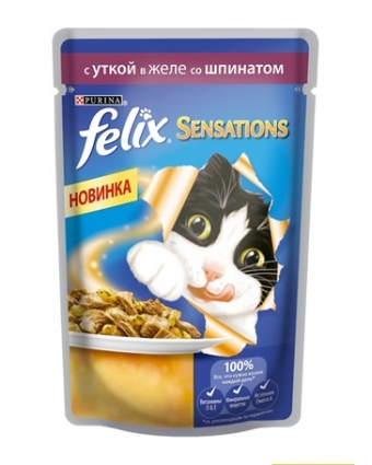 Консервы для кошек Felix (Феликс) Sensations с уткой в желе со шпинатом 85г