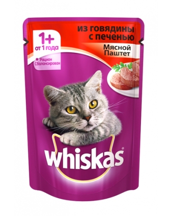 Консервы для кошек Whiskas (Вискас) Пашет говядина/печень 85гр