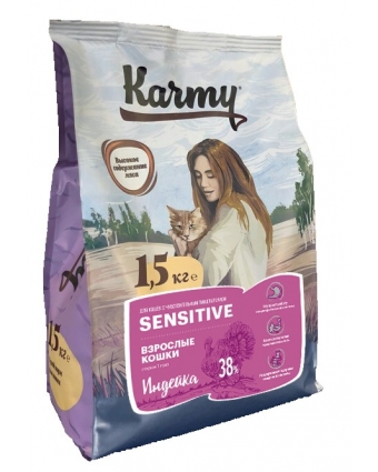 Сухой корм для кошек с чувствительным пищеварением Karmy Sensetive с индейкой 0,4кг.