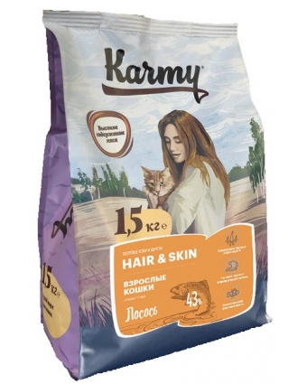 Сухой корм для кошек Karmy Hair & Skin с лососем 1,5кг.